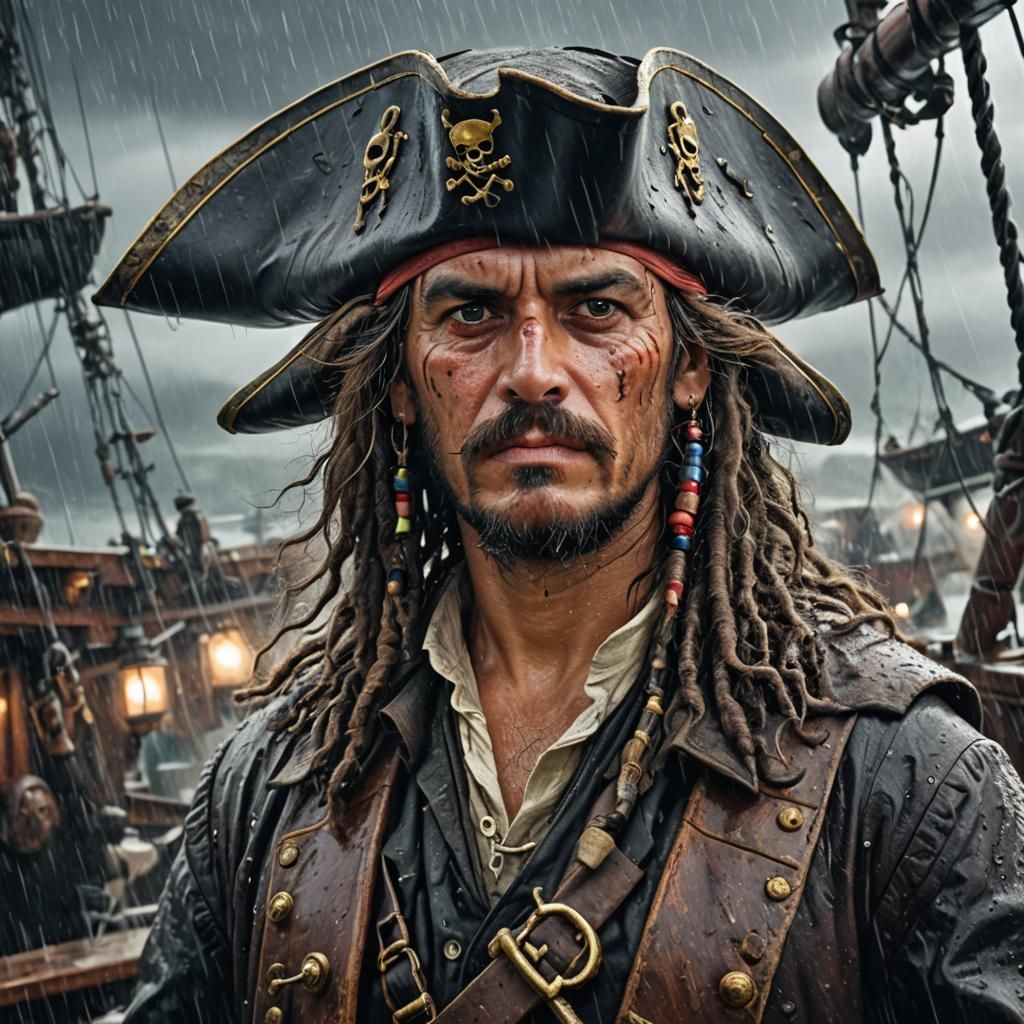 Pirate Portrait on Ship in Rainy Weather
