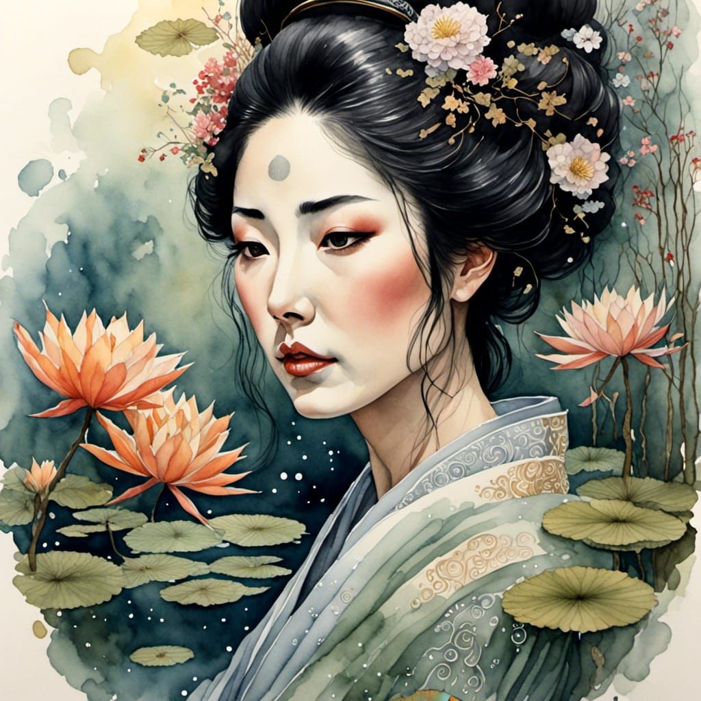 Ornate Geisha Reflecting in Pond, Hyperrealistic Portrait