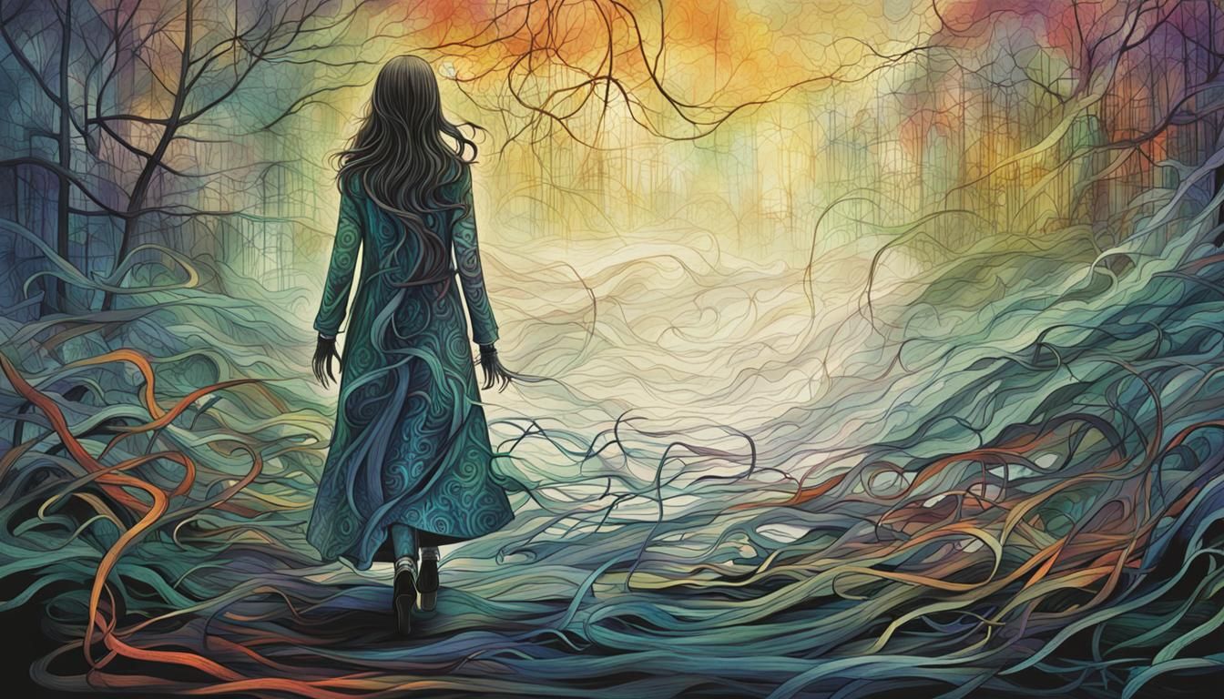 a spectral girl emerging from the mist.