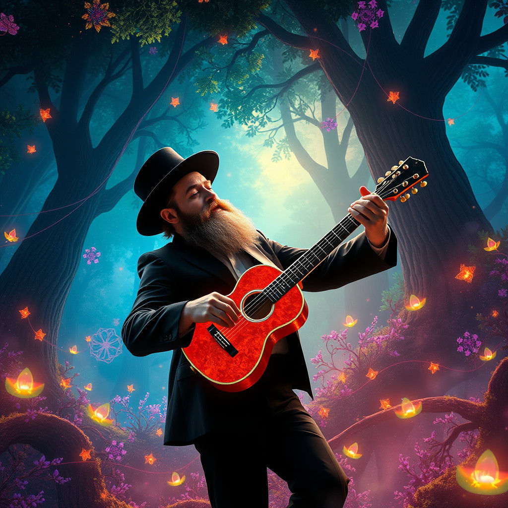 Hasidic Man Dances in Mystical Glowing Forest