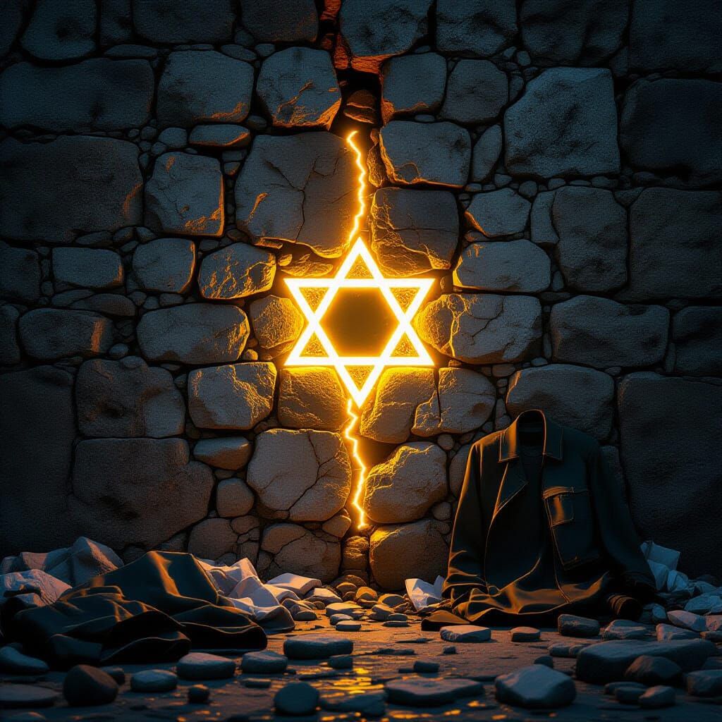 Golden Star of David Shines Through Cracked Wall
