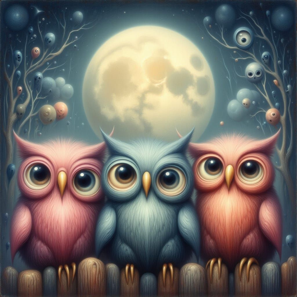 <lora:-Distorted Whimsy-:1.0> cute colorful fluffy owls sitting on a fence under a gigantic moon