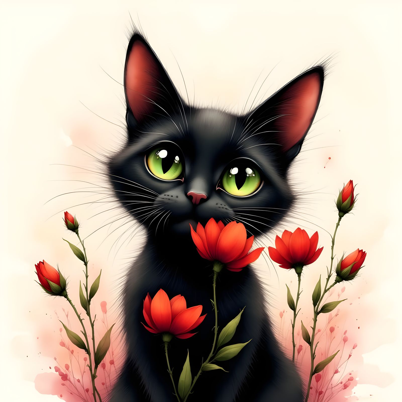 Sleek Black Cat Holds Vibrant Red Flower in Minimalist Duo-T...