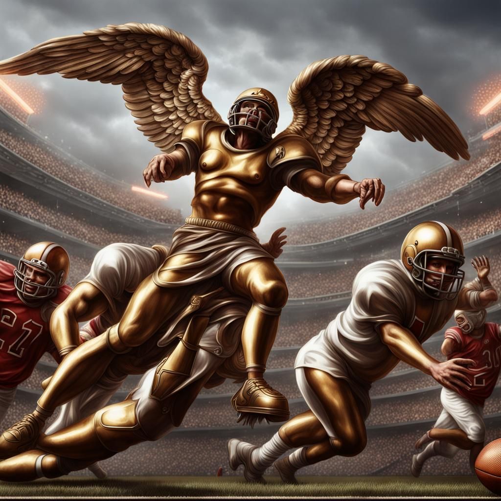 Angels and demons playing football superbowl hyperdetailed u...