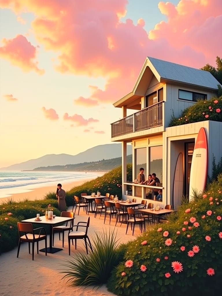 Beach Cafe with Pink Clouds and Surf Vibes