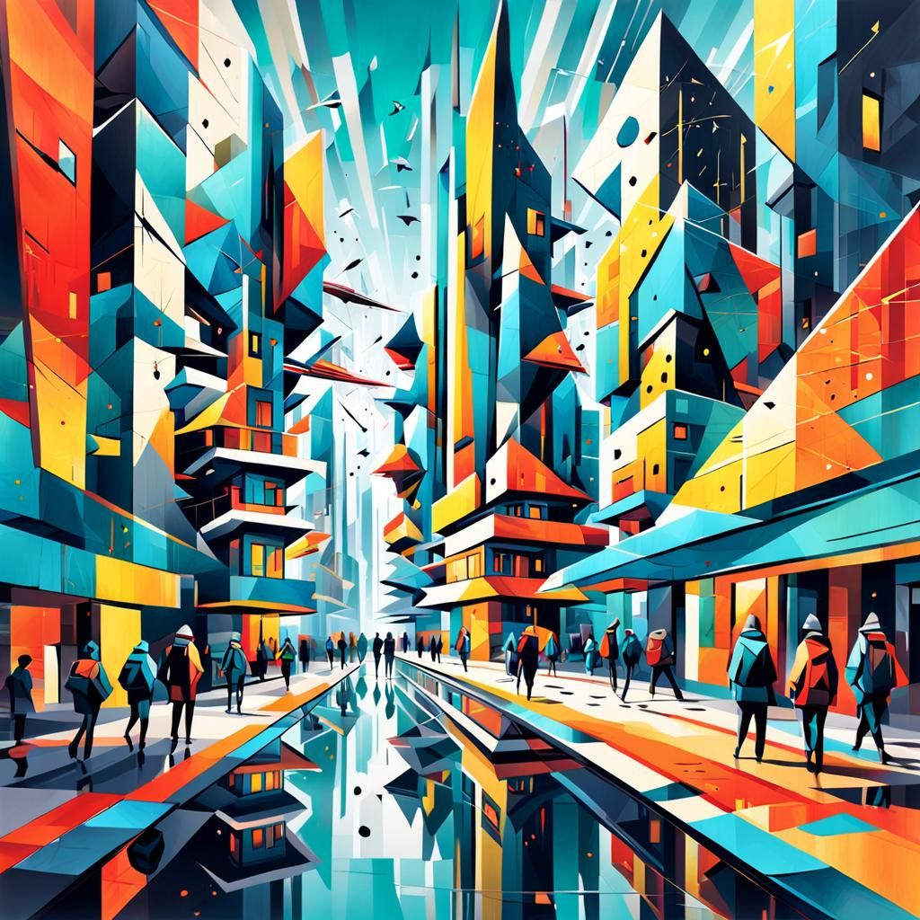 Futuristic Cityscape in Cubist Style with Bold Colors