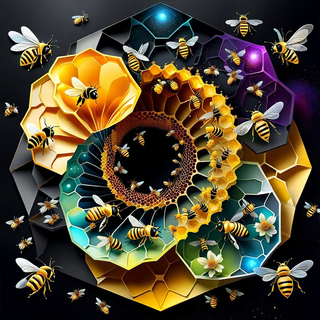 Surrealist Bee Pollination Cycle Diagram in 8K