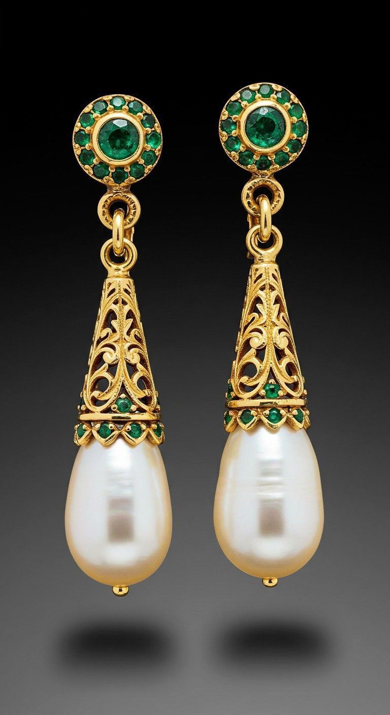 Ornate Gold, Emerald and Pearl Necklace and Earrings Set