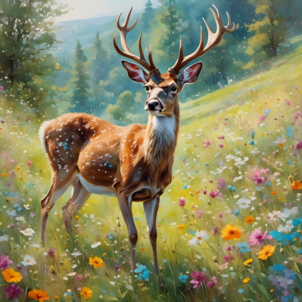 A <lora:Flighty:1.1> deer in a spring flower meadow