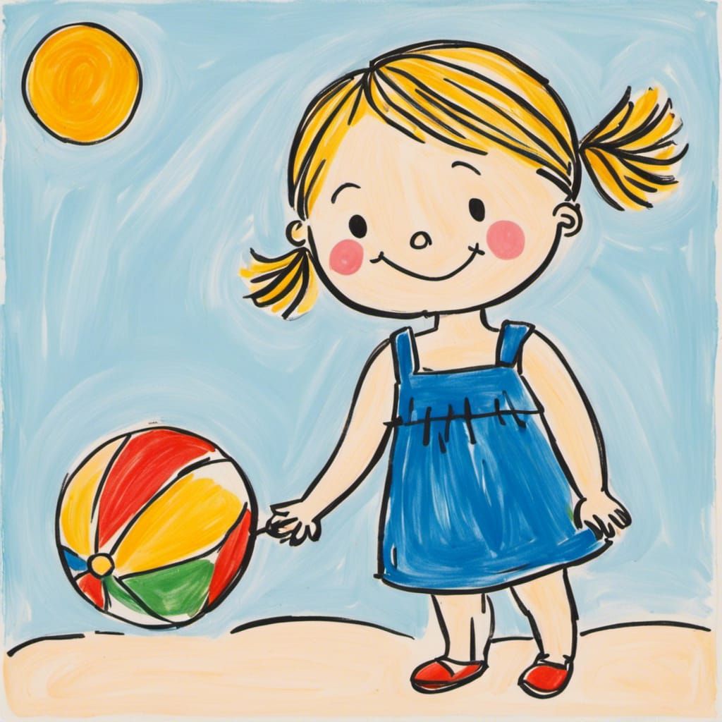 <lora:Keiki:1.0>a toddler's drawing of a girl holding a beachball