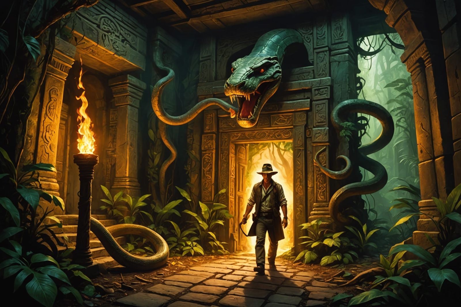 A temple in the middle of the jungle, with a large snake hea...