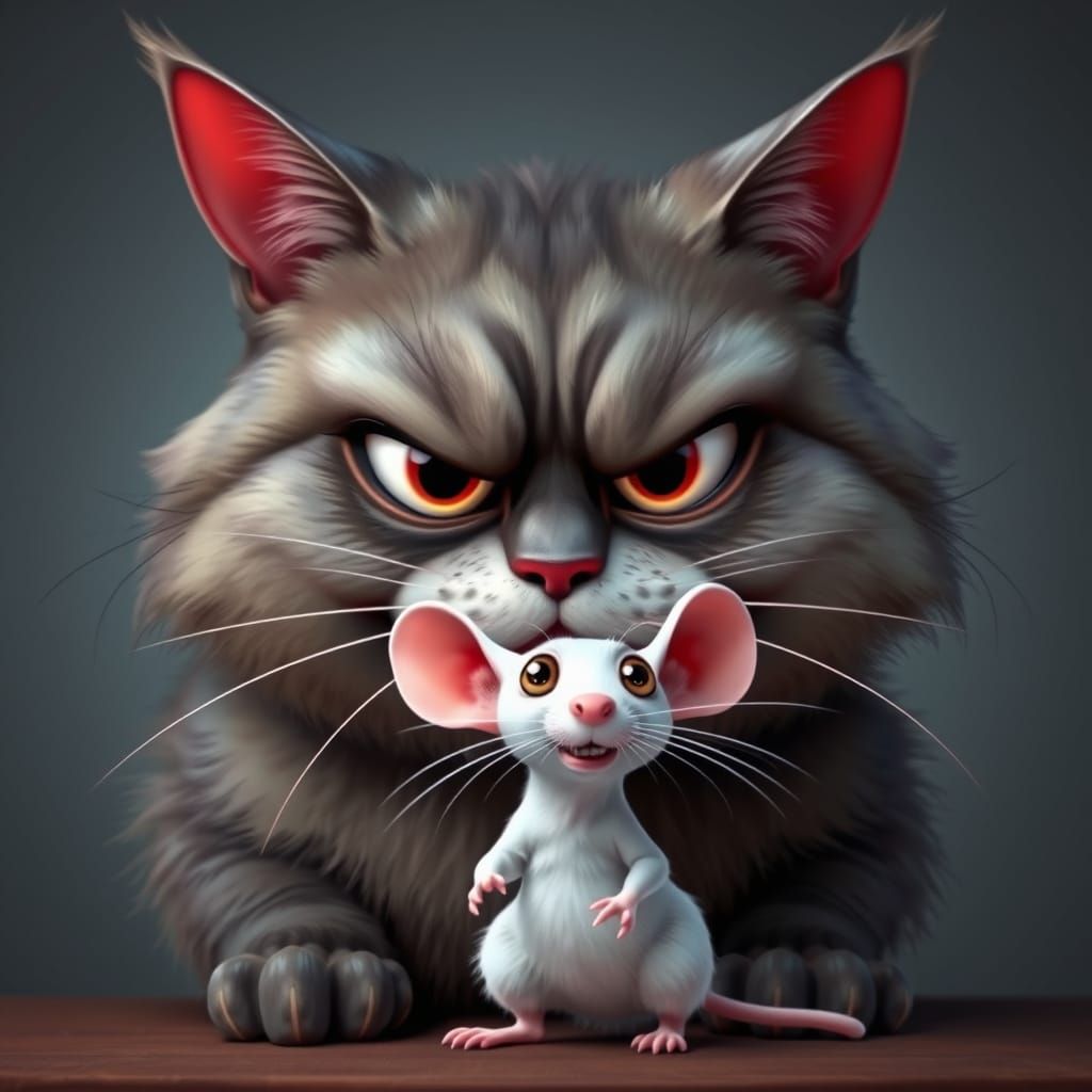 cgi illustration of a full-body caricatured smoky-grey colored whimsical, grumpy cat, looking angry with narrow white eyes with red hues and...