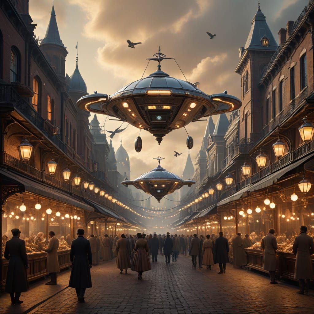 A bustling Victorian-era marketplace. Hovering above the stalls are sleek, silver flying cars, weaving ...  by @kirra-anne-ramirez