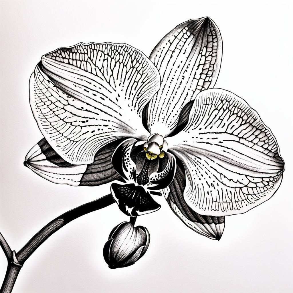 Ink drawing of an orchid, intricate detail, over the shoulde...