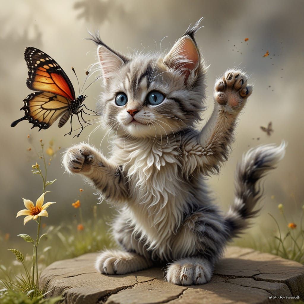 Fluffy Cheerful Kitten Reaches For A Butterfly  by @LoisD
