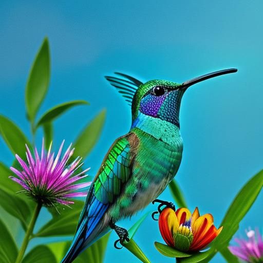 Macro view of a blue and green humming bird, drinking from a...