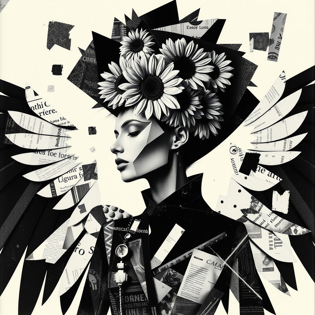 Create a black and white photogram-style  with geometric win...