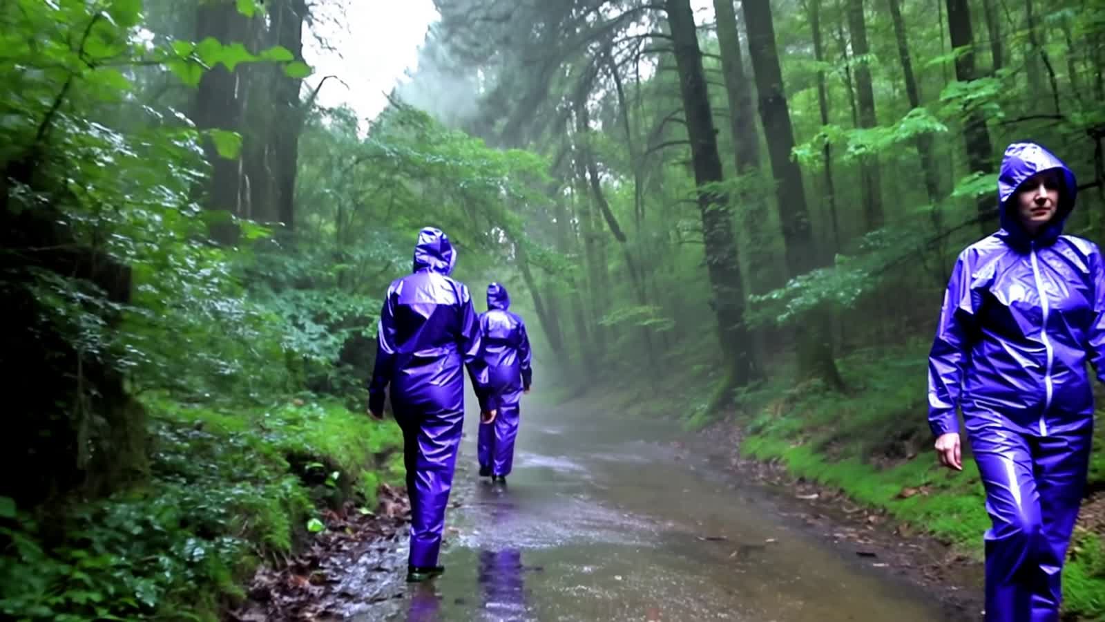 Two women walking through a peaceful forest trail, both wearing matching dark purple transparent PVC rainsuits — jackets...