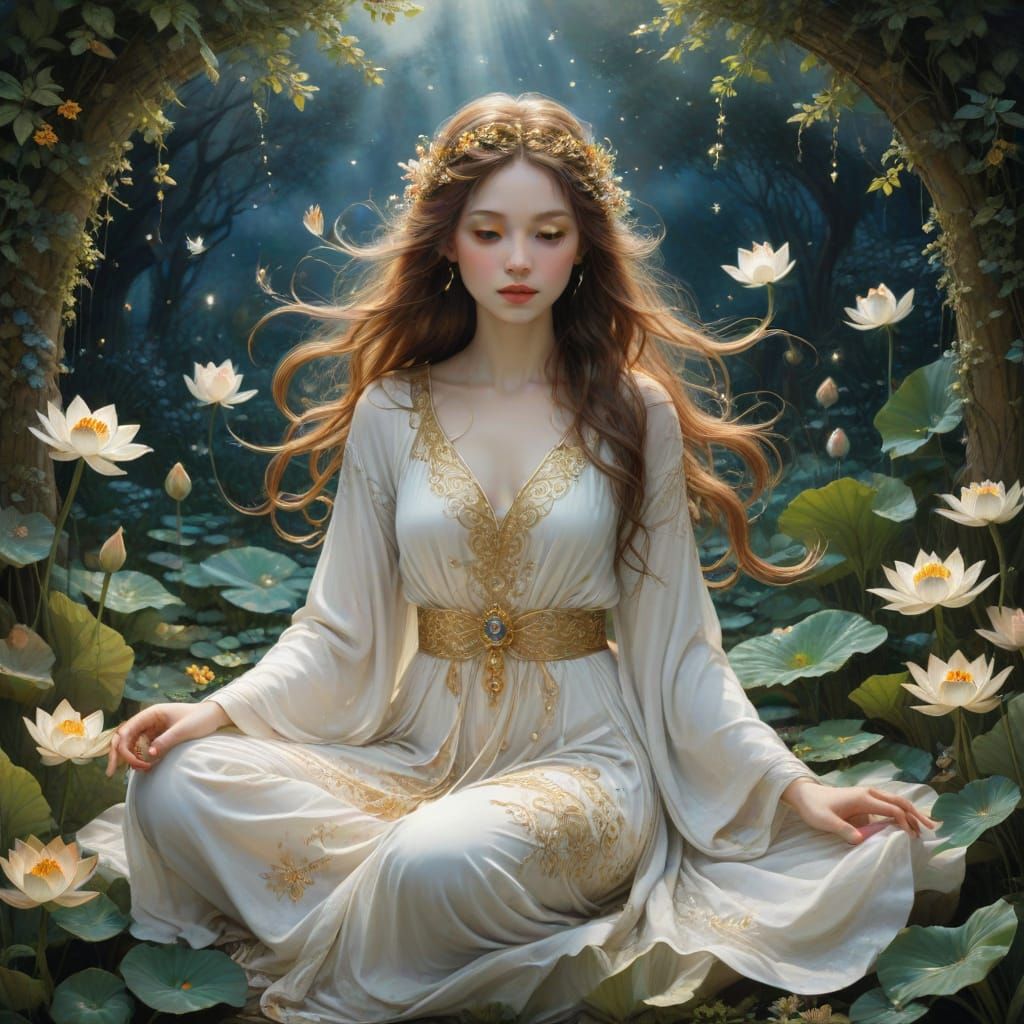 Enchanted Goddess in a Dreamy Moonlit Garden