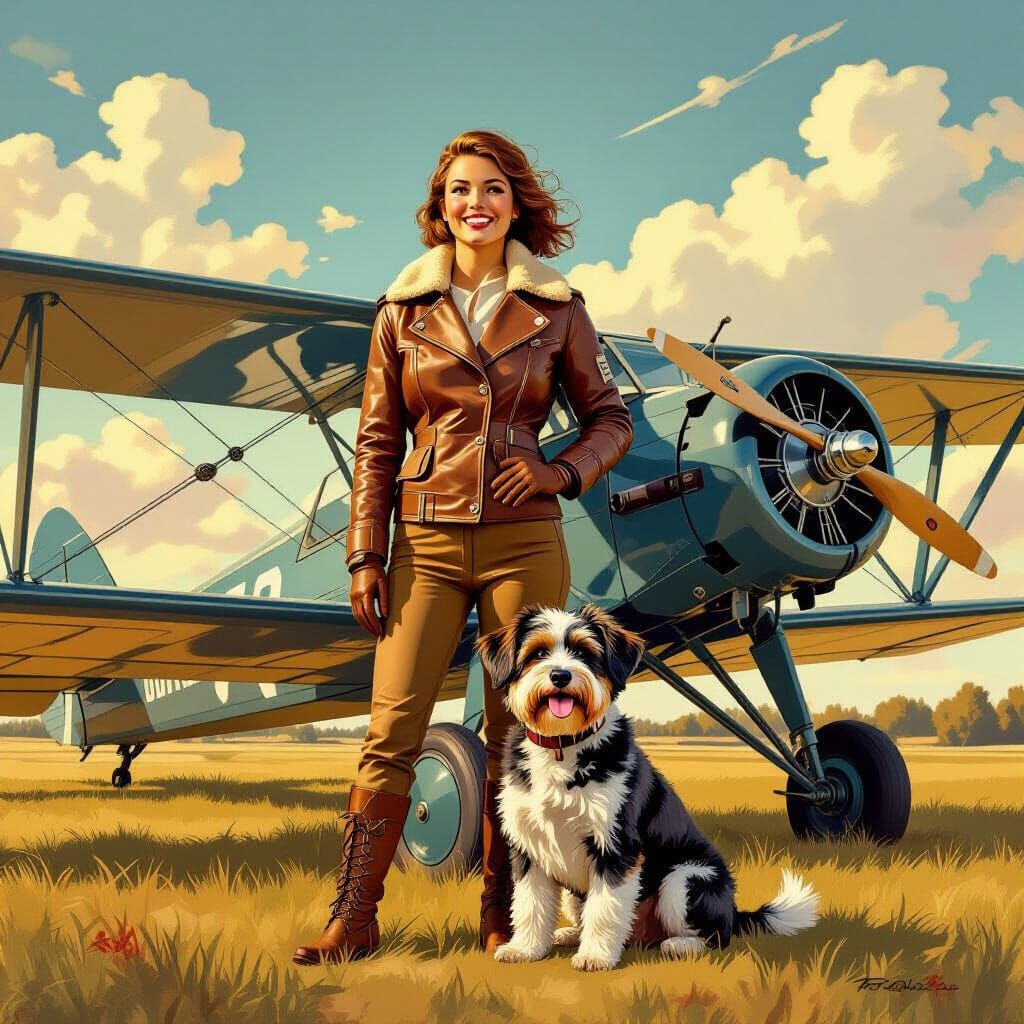 Woman Aviator and Biplane at Sunset