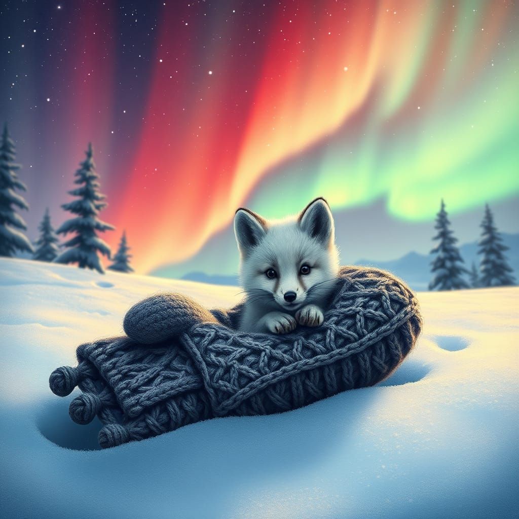 An abandoned knit mitten with an arctic fox kit exploring inside. Background glittering snow, aurora ...  by @Luna
