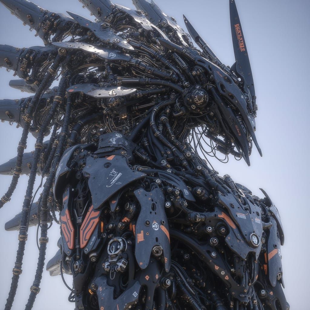 <lora:Predatory Mecha II:1.0> A hyper-detailed, hyperrealistic profile portrait of a colossal robotic figure, rendered with extreme intricac...