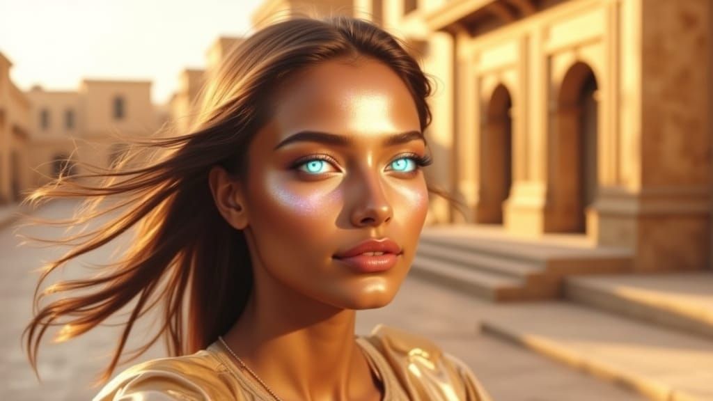 Serene Indian Woman in Golden Light with Aurora Eyes