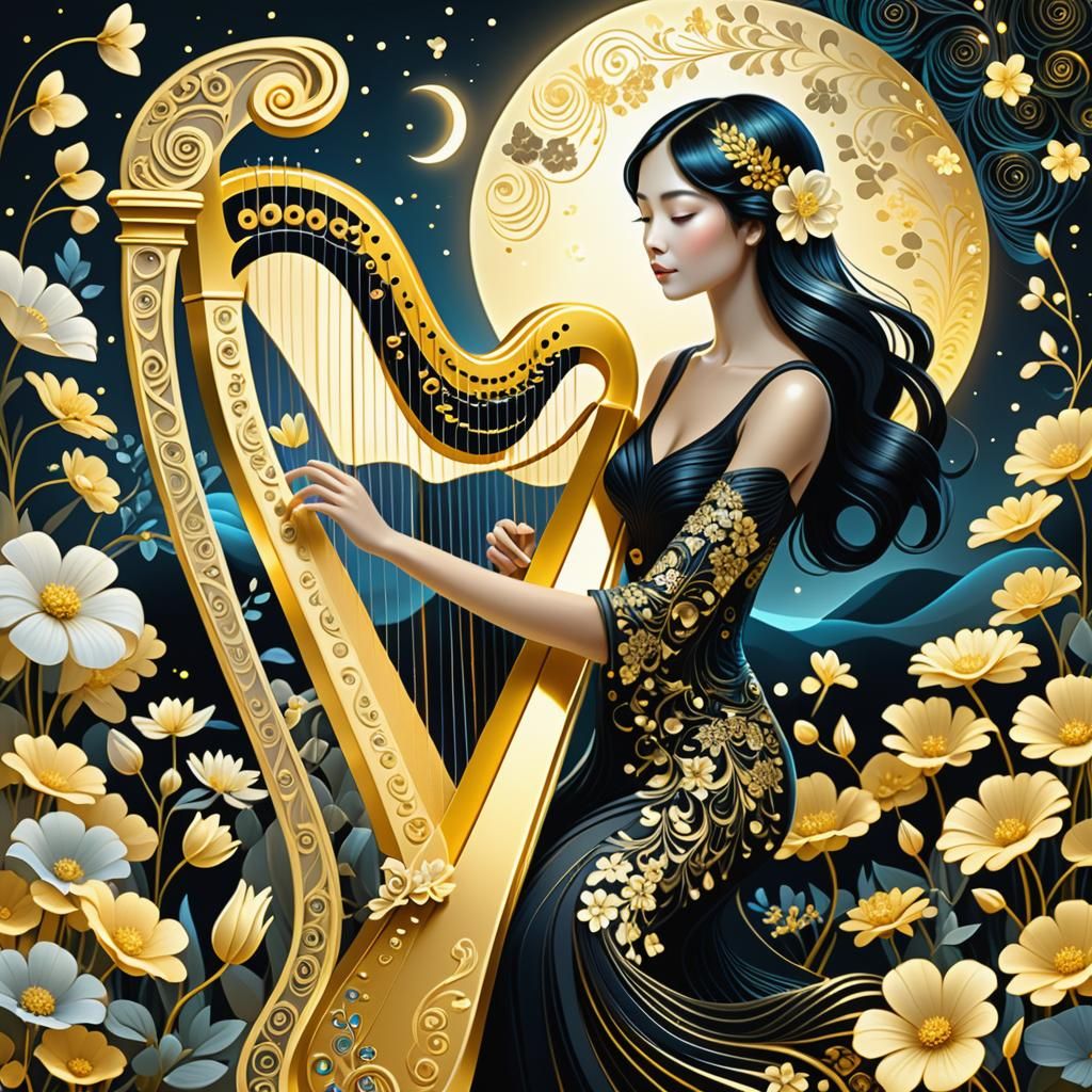 Beautiful  luminous black haired Woman Playing a Golden Elegant Harp  in her Flower Garden, Moonlight ...  by @Jano