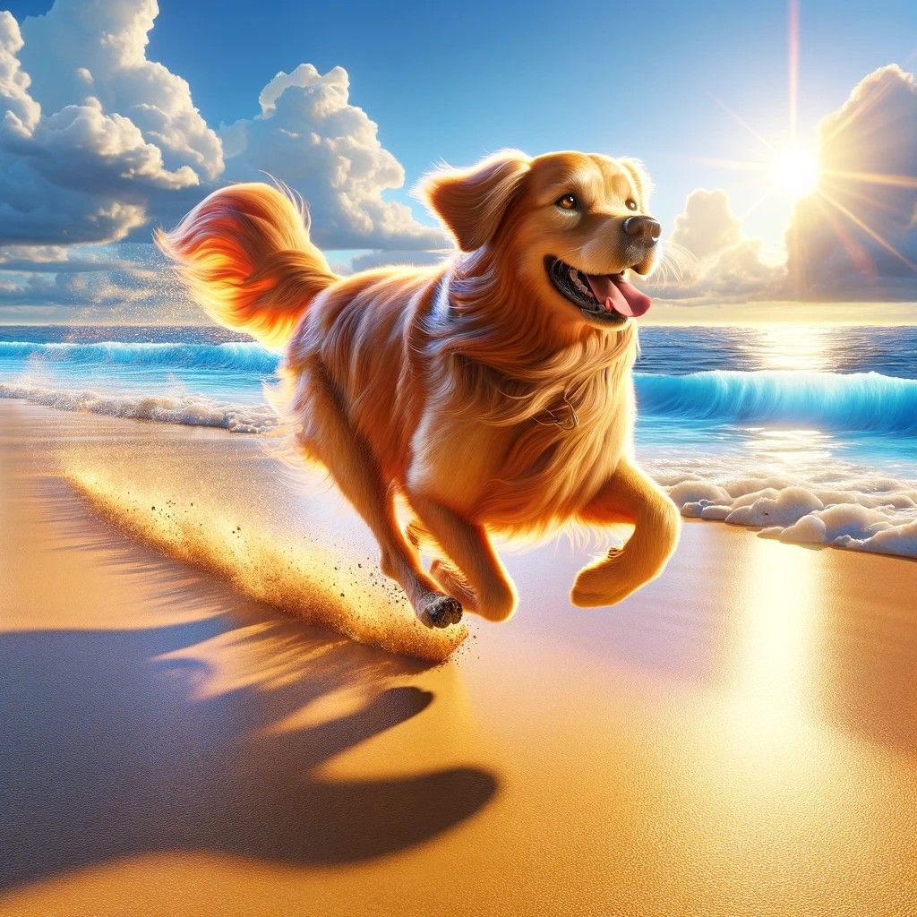 A playful golden retriever| in full sprint across a (sunny beach:1.2)| its coat shimmering in the sunlight| its tongue l...
