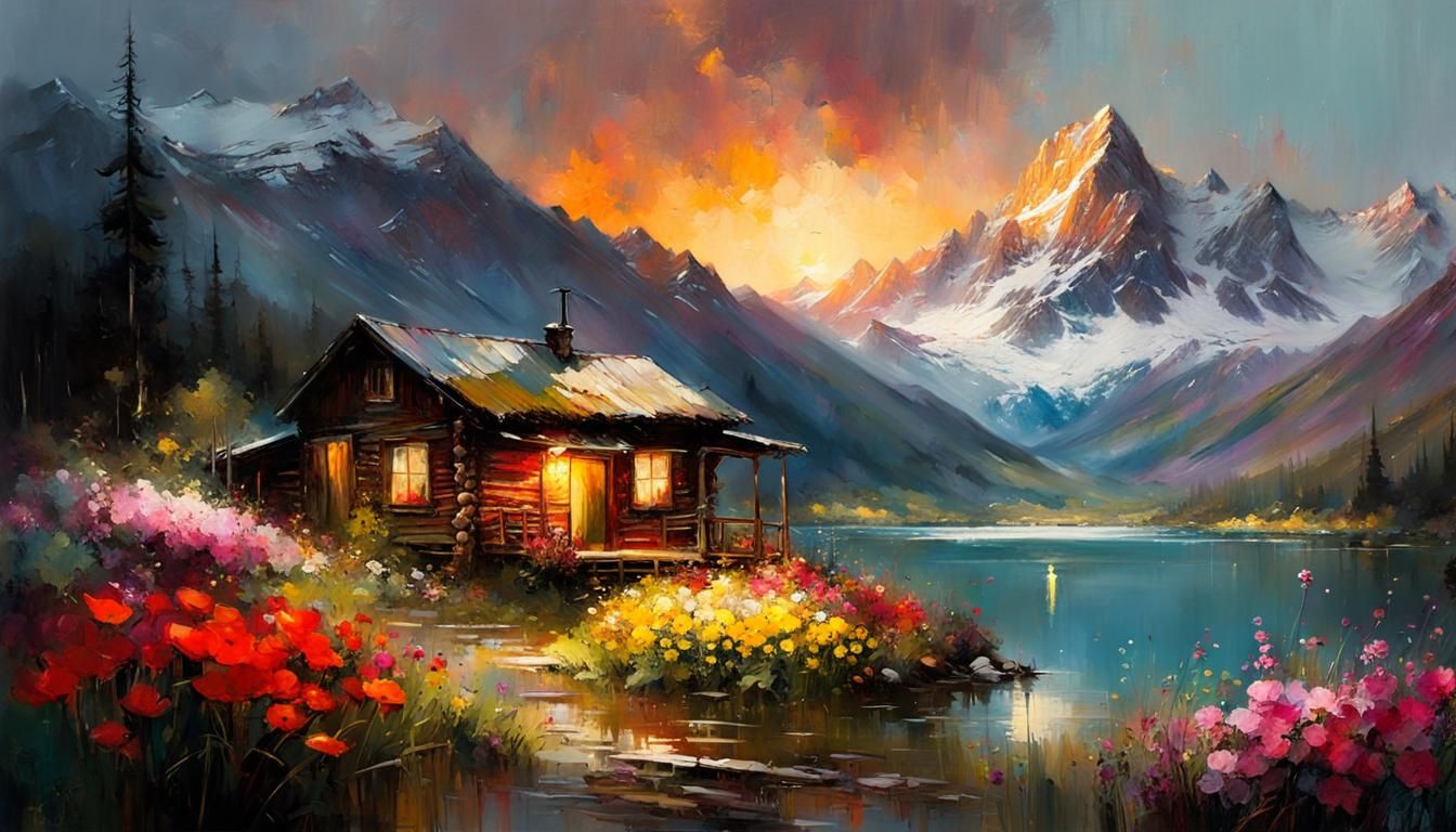 beautiful mountain landscape. lake, flowers, cabin, sunset,  insanely detailed matte painting with rough ...  by @Hugo Raul