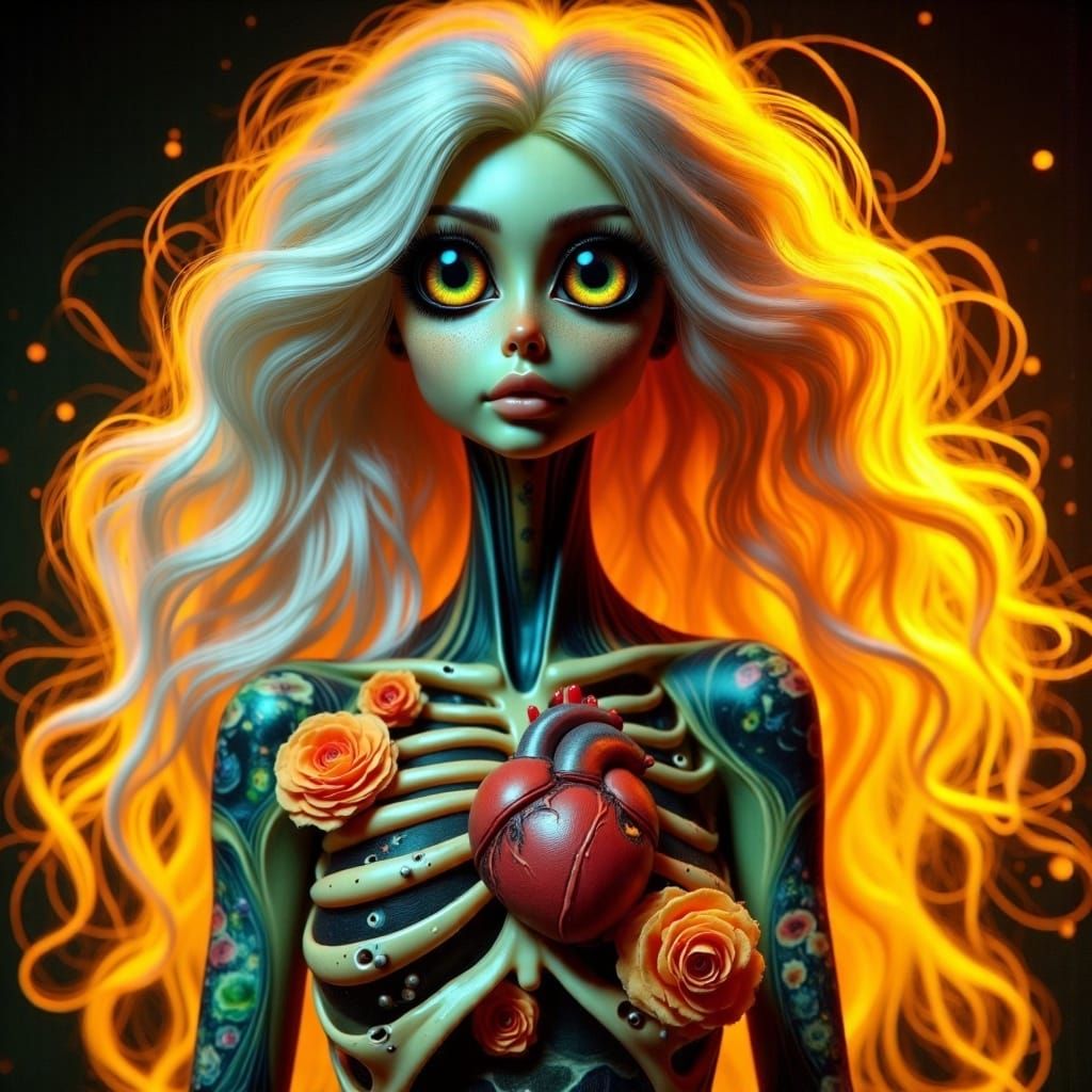 <lora:Abyssal Eclipse Eyes:1.0>  Ethereal female anatomical doll with intricately engraved floral patterns, long wavy white hair, and pierci...