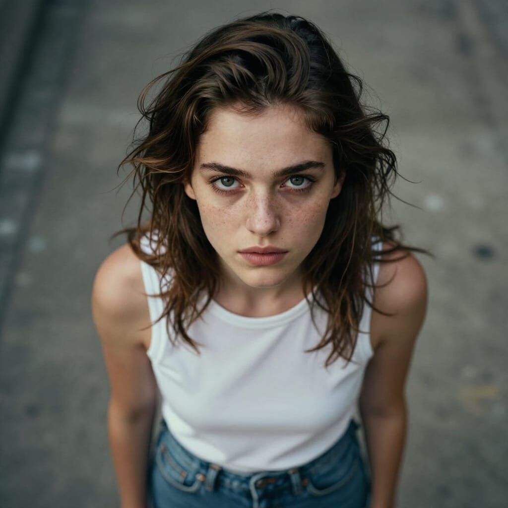 A cinematic high-angle portrait of a young woman looking up at the camera, intense expressive eyes with sharp focus, natural freckles and so...