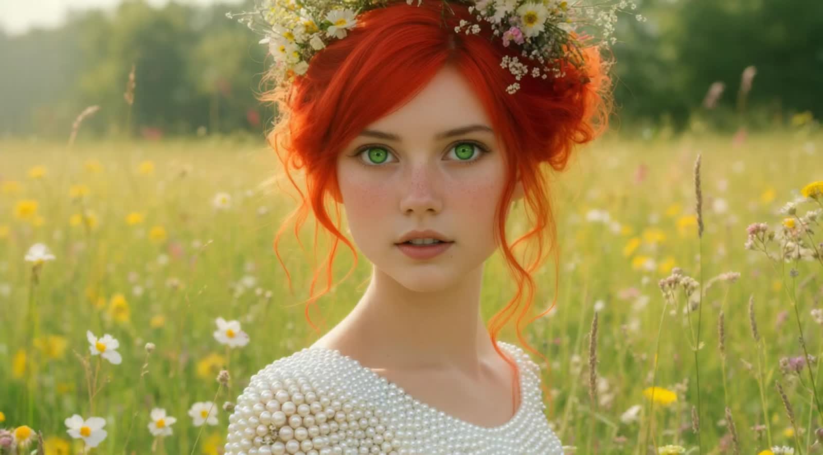 A young woman of vibrant green eyes with a bright red updo, adorned with delicate wildflowers, dances barefoot in a sun-...