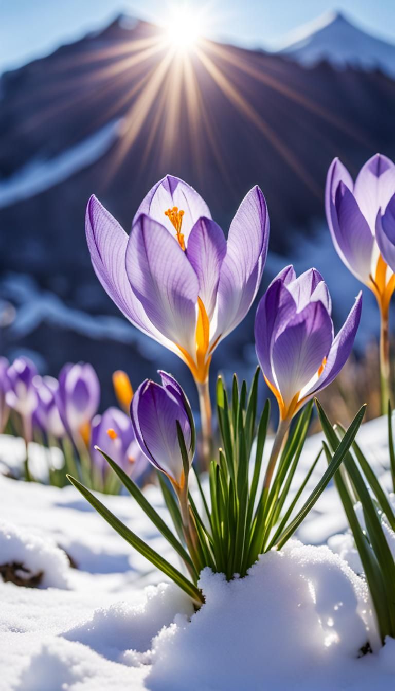 A HDR closeup of a crocus flower in the snow in the daytime,...