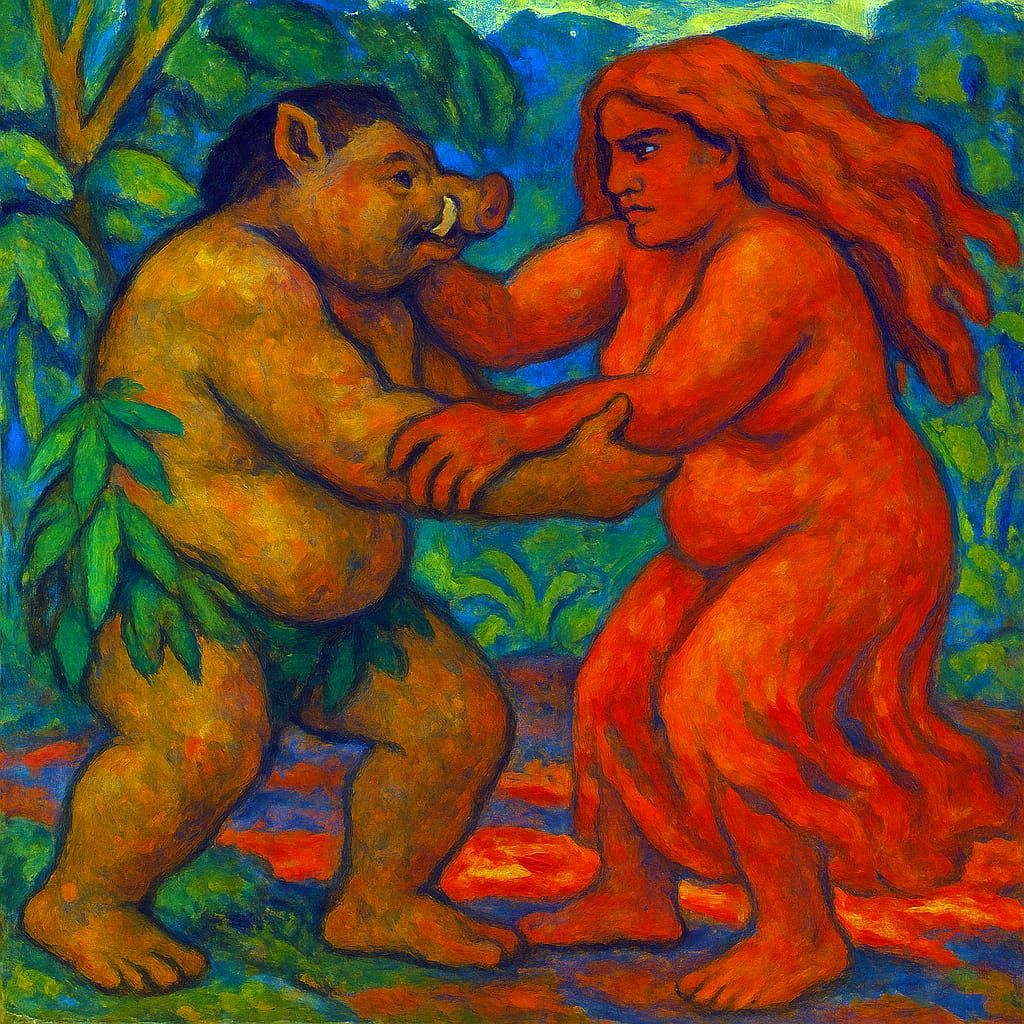 Kamapua'a and Pele - in the Style of Paul Gauguin