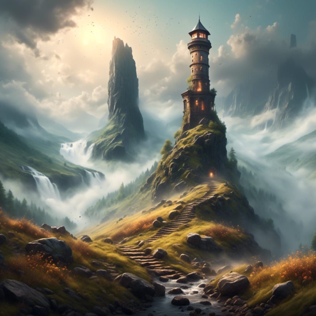  <lora:starfall:1.0> A stone tower standing alone on a windswept hill