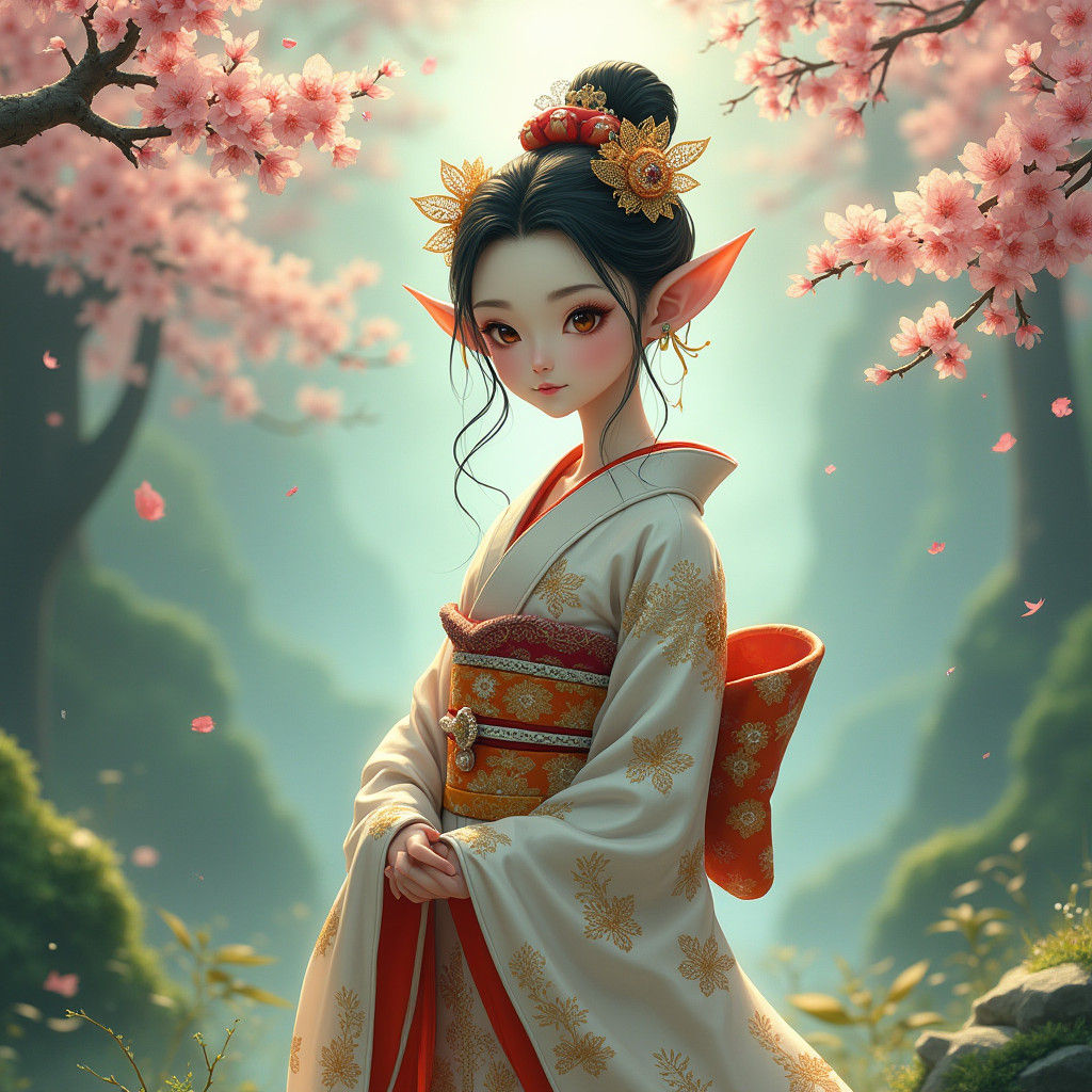 Decorated Isolated Japanese geisha elf, soft airbrushing rea...