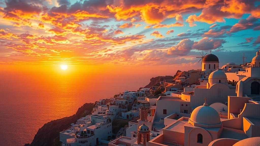Santorini  panoramic sunset  colorful view ,Greece  by @Tony danis art