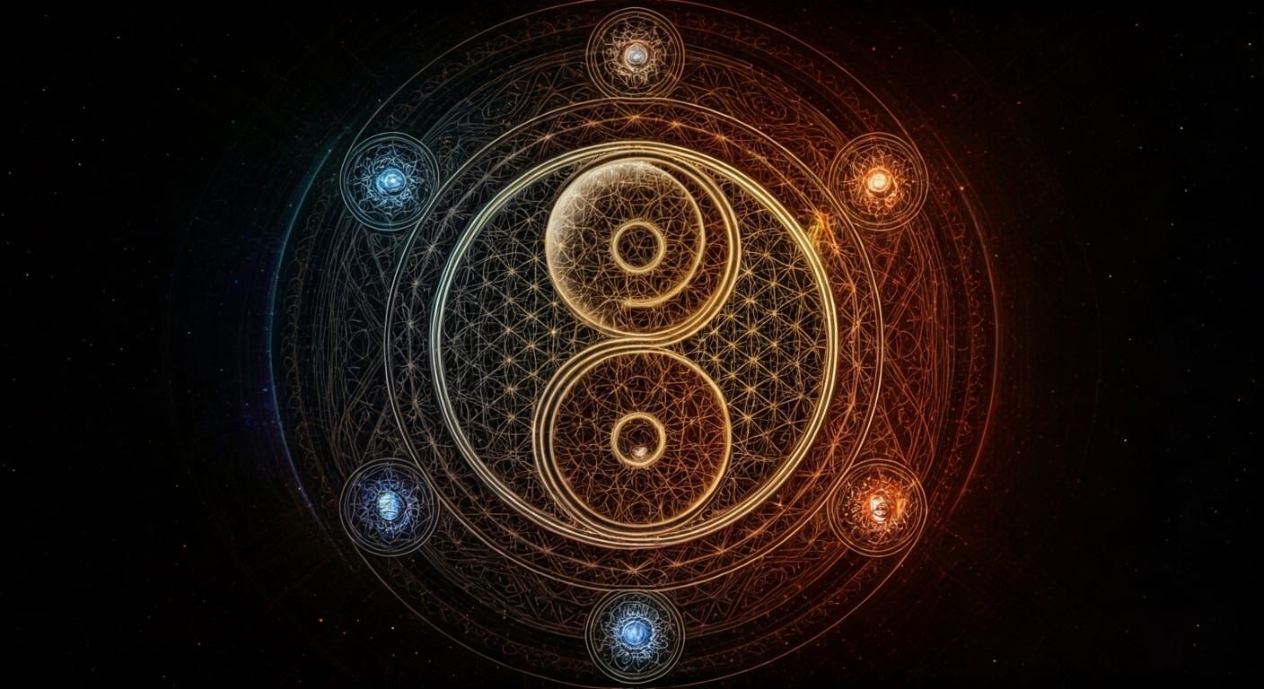 high-resolution image featuring a central yin and yang symbol encircled by complex sacred geometric patterns, symbolizing the interconnected...