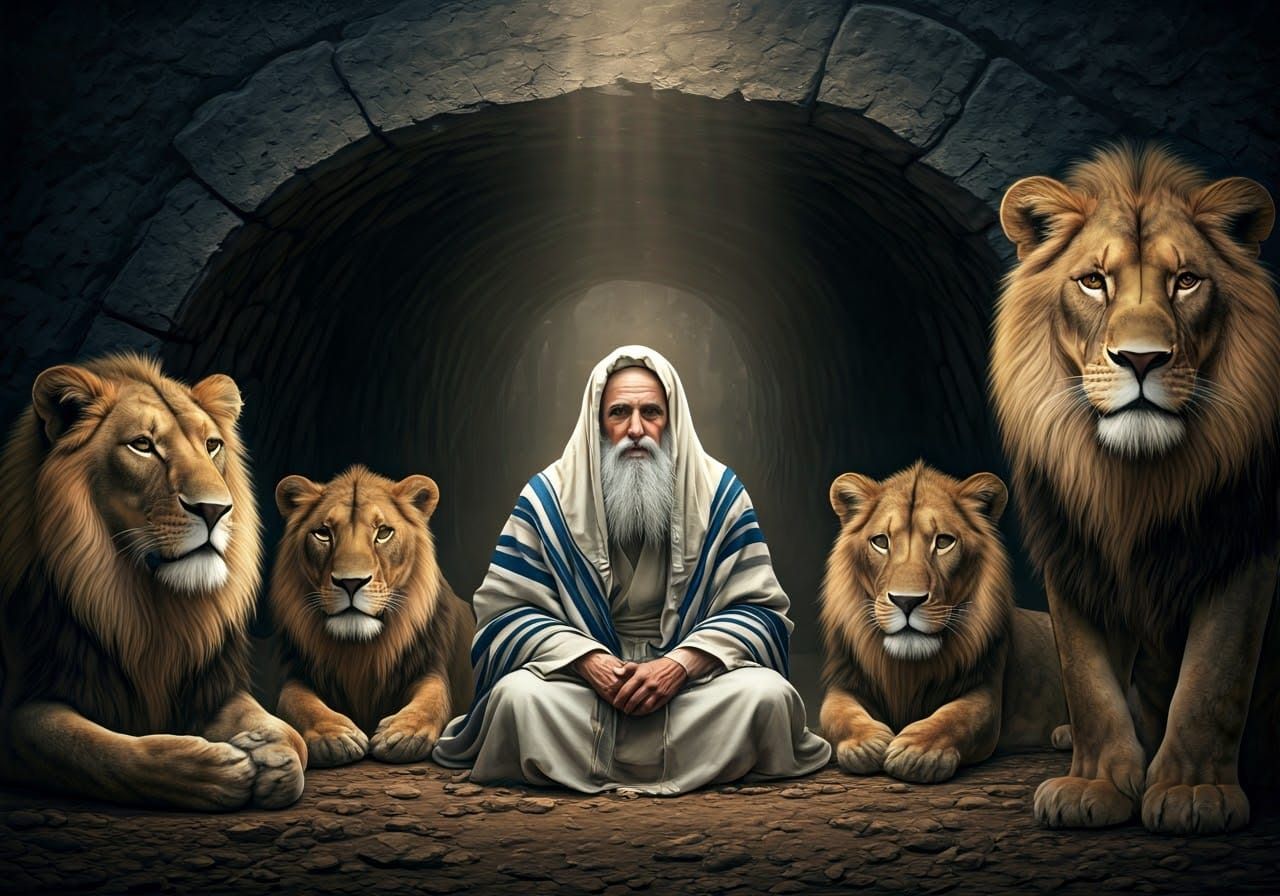 Orthodox Man Surrounded by Peaceful Lions in Dark Cave