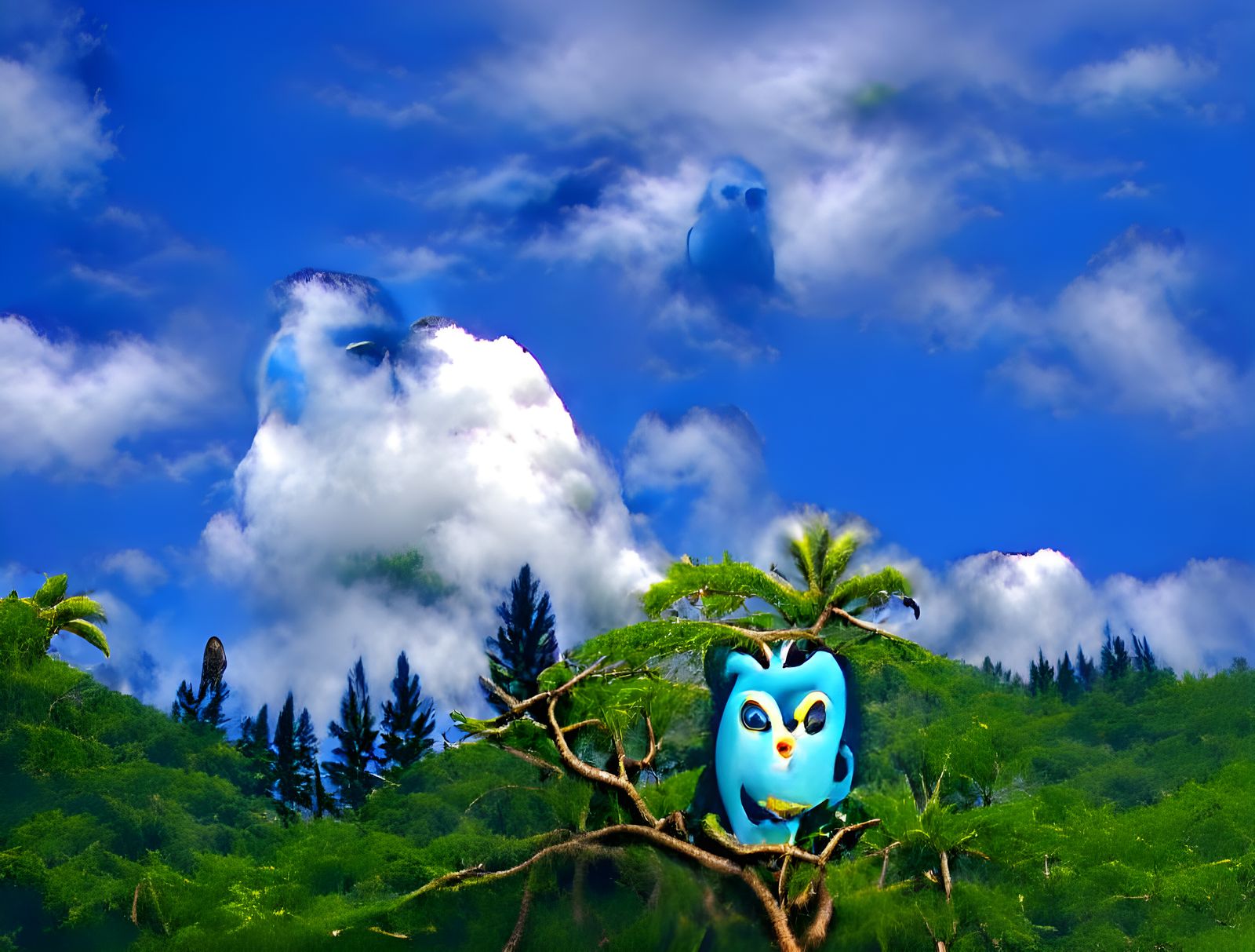 An aqua blue owl sitting in a tree in the lush Hawaiian Jungle with a  partly cloudy blue sky background - AI Generated Artwork - NightCafe Creator