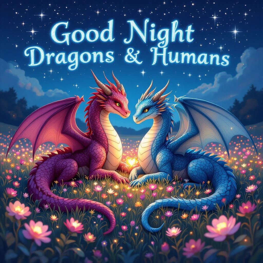 A pair of adult dragons, one with scales of magenta and the other with scales of azure, lying together in a field of luminous flowers under ...