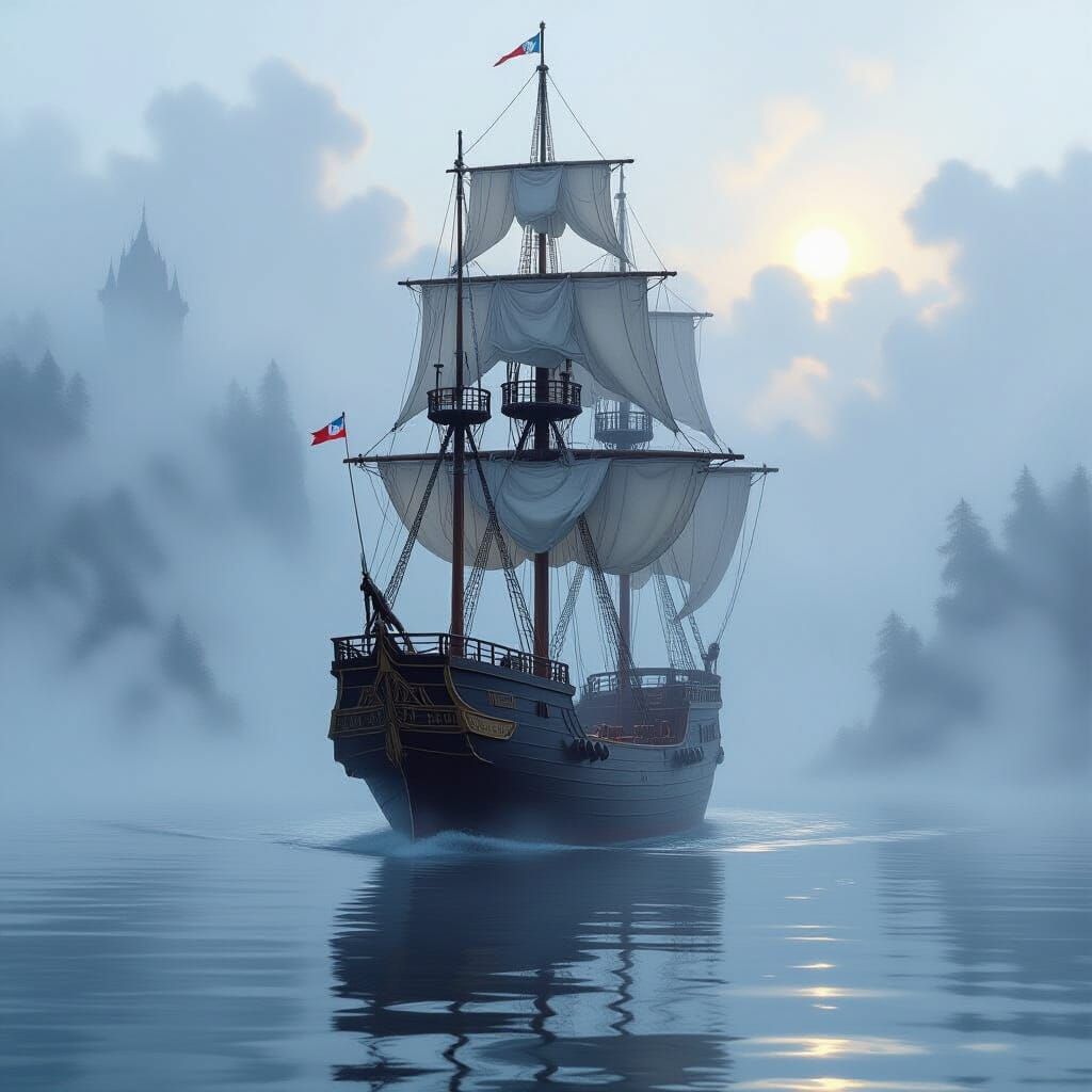 A tall ship appearing out of the mist.   by @Suz