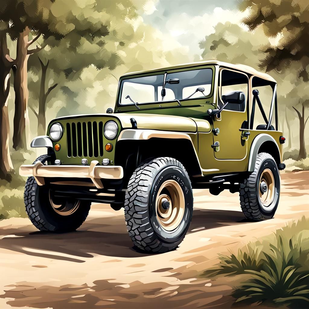 Realistic illustration, Park Jeep, clean and smooth Oil Pain...