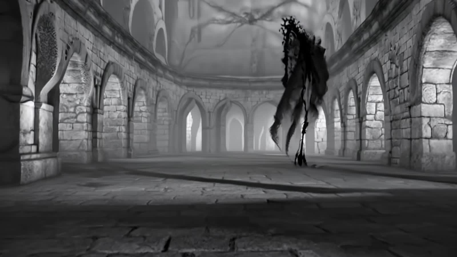 A hideous ghostly spectre drifting through a labyrinth done in high detail black and white film reminiscent of the class...