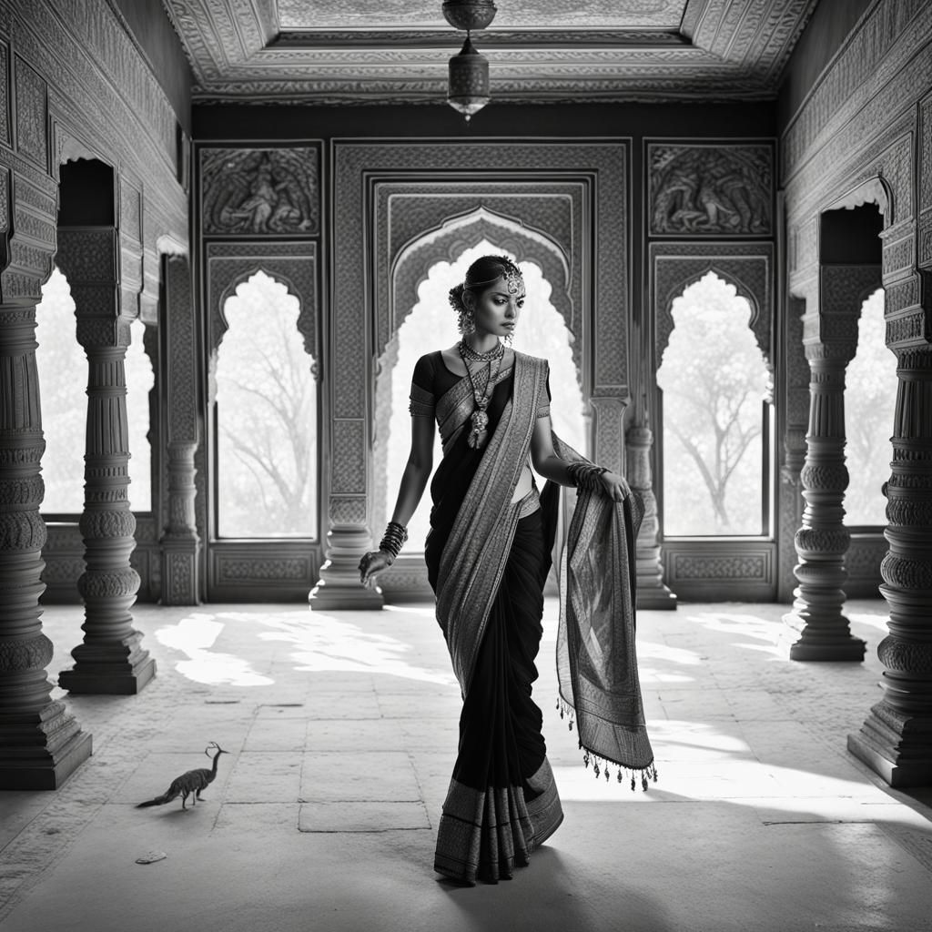 an Indian dancer in black and white with peacock