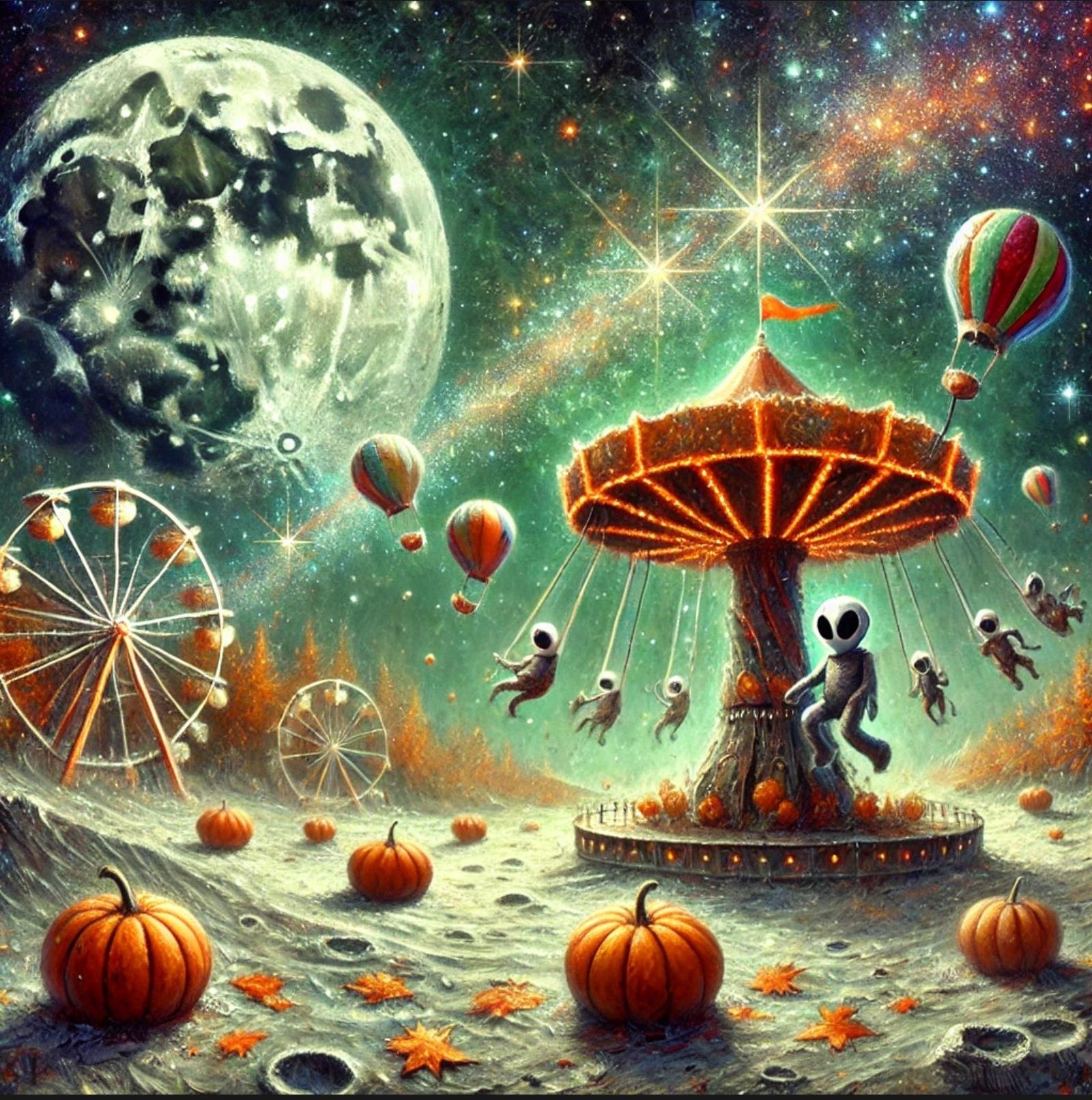 An autumn-themed space carnival on a moon's surface