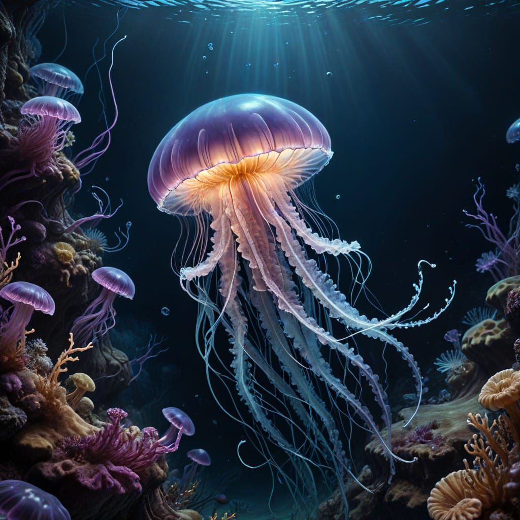 A bioluminescent jellyfish gracefully glides through the inky blackness of a deep-sea trench, its pulsating ...  by @Maariah Dajoon 