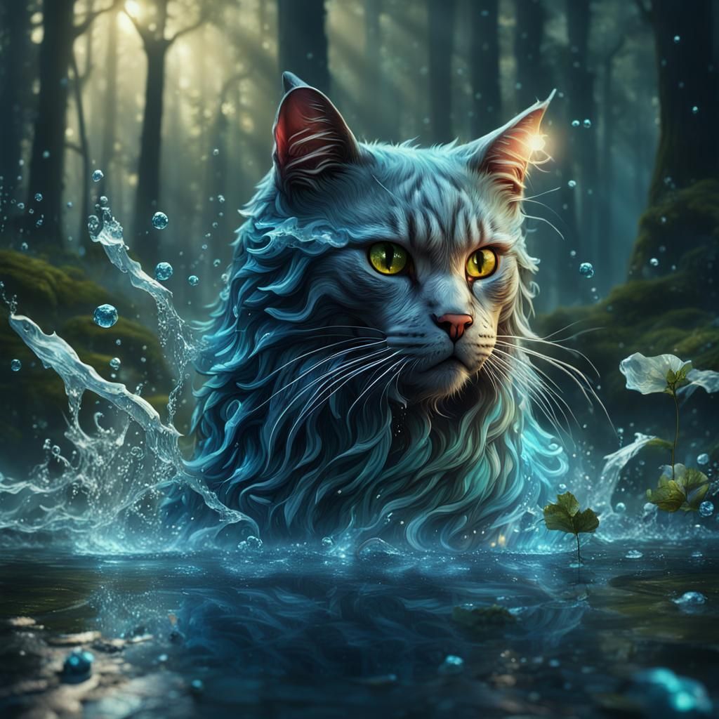 cat made of water in forest - AI Generated Artwork - NightCafe Creator