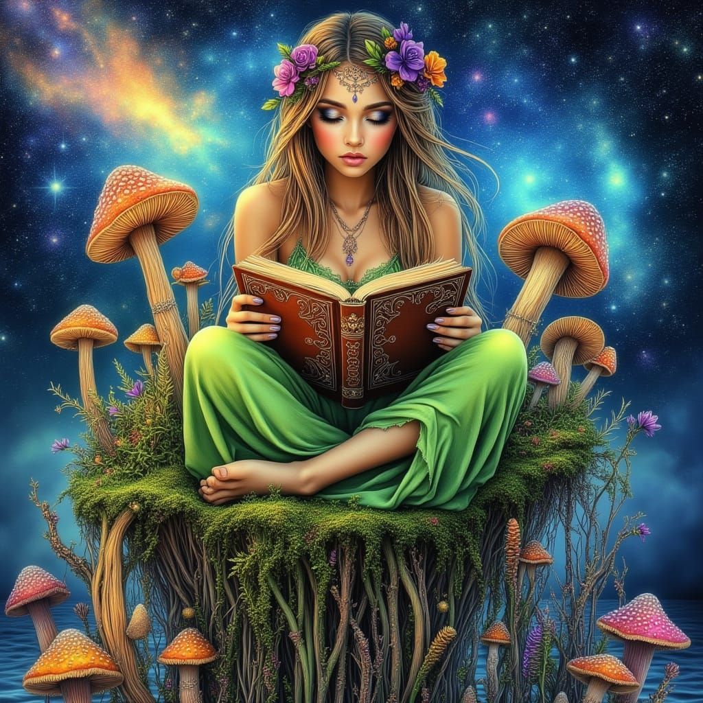 Ethereal Dreamer Among Glowing Mushrooms